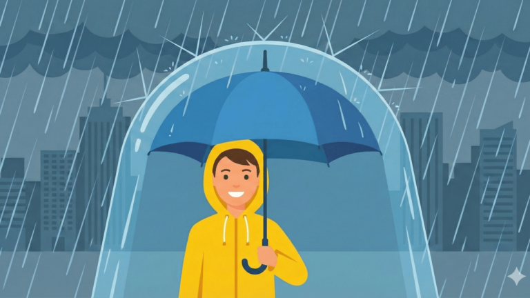 Vector of a man in yellow coat with an umbrella in the rain