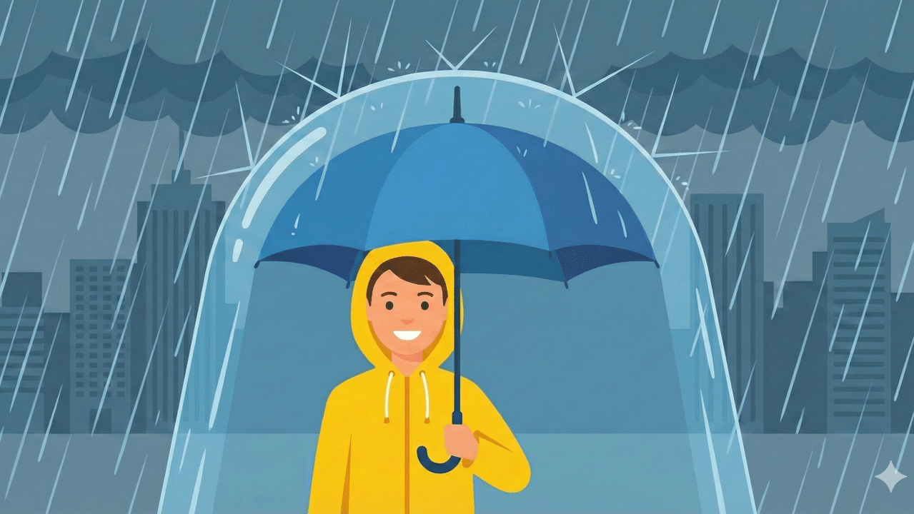 Vector of a man in yellow coat with an umbrella in the rain