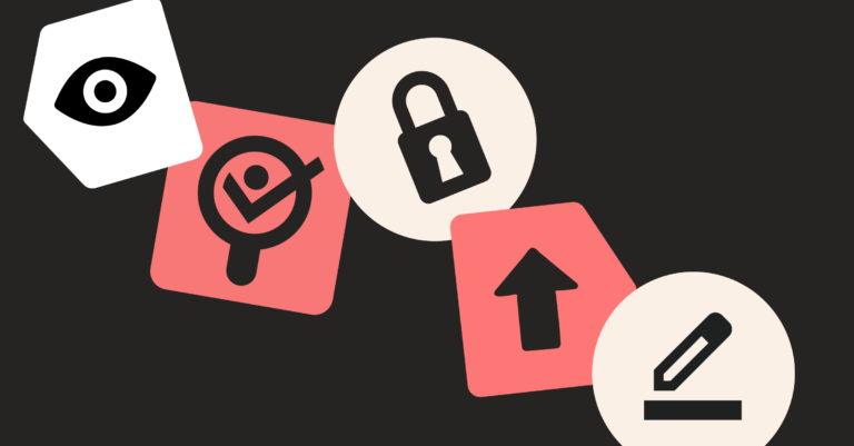 Image of icons. (left to right) eye, magnifying glass, padlock, arrow pointing up and a pen.