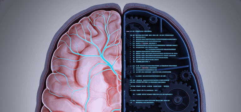 Human brain cross section showing one side typically human and the right side made of code and cogs